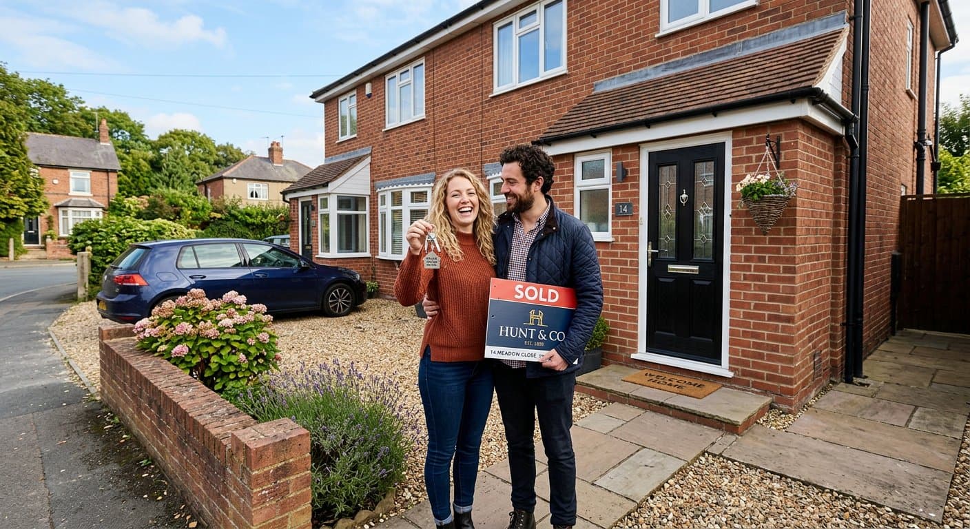 AI-generated video still — couple collecting keys to their first home